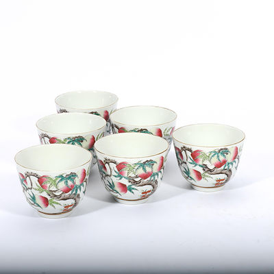 135 福壽粉彩桃杯六隻