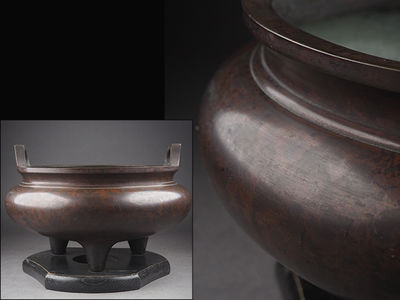 【夢工房】時代斑紫銅立耳平丸形三足瓶掛　5.4ｋｇ　辰-13