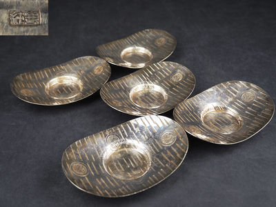 【夢工房】　純銀小判形茶托五客　重さ367ｇ　甲-2