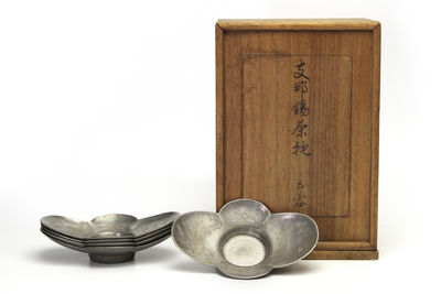 漢詩山水文入 支那錫茶托 5客（共箱）