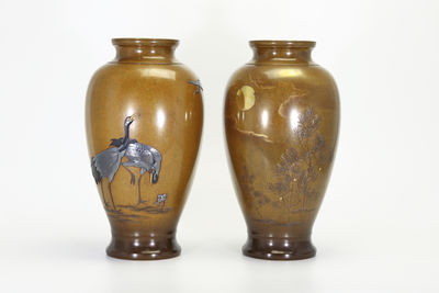 金紫銅製 金象嵌松鶴圖 花生一對（各共箱）