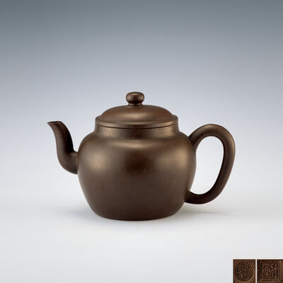 荊漠社魚印　紫泥水注（風呂敷付箱付）徐友泉字士衡 時大彬弟子