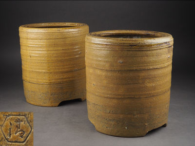 【夢工房】五代清水六兵衛造黄伊羅保火鉢一雙　計13ｋｇ　　卯-1