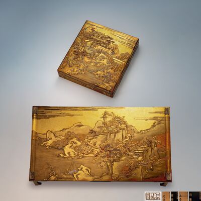 唐山水蒔絵文台·硯箱 （三重共箱）