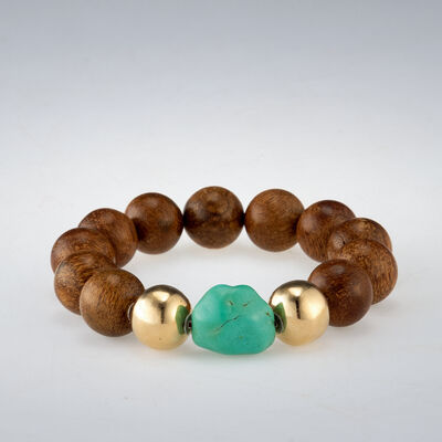 加里萬丹黄油手串11粒16mm　沈水　老緑松石・18K金珠配飾