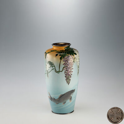 安藤重兵衛 紫藤鯉魚七宝花瓶（箱付）