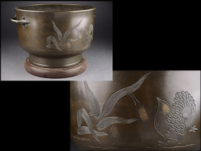 【夢工房】時代宣徳銅鶉図獣耳火鉢　辰-44