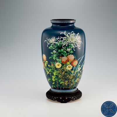 安藤七宝 紺地菊花図七宝花瓶（箱付）