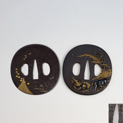 一柳斎正光製  疾風柳樹牧童図鐔 保存刀装具鑑定書付（木箱）