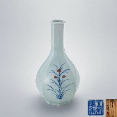 李王妃 樊川窯 安東五作 染付青磁 八棱花入（共箱）