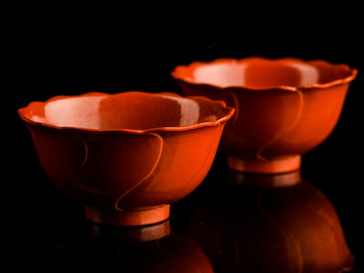 176-赤釉茶碗一対