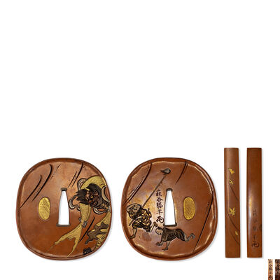 萩谷勝平作　赤銅彫金風神図鐔·小柄（寒山極箱）