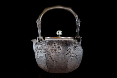 日本造松城明月鑲嵌 雙龍提鐵瓶