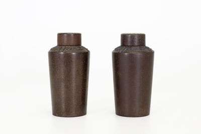 大國壽郎作 南蠻鉄象嵌茶心壺一對（共箱）