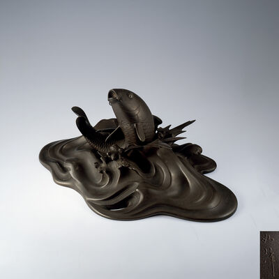 在銘 銅鯉魚置物