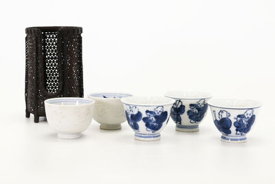 竹編 碗籠+5客青瓷茶碗