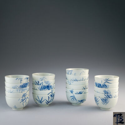 清水六兵衛作春挙画　染付茶盌21点（共箱）