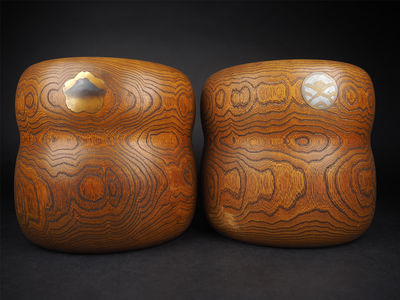 【夢工房】　時代桐玉杢目達磨形火鉢一雙　甲-16