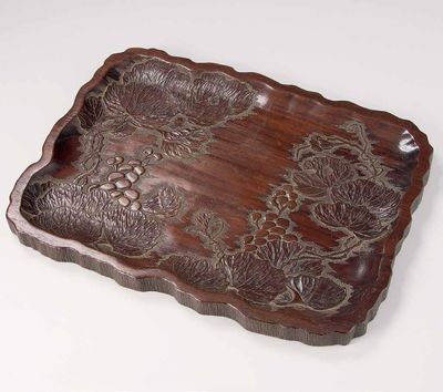 2104 红木雕葡萄纹茶盘