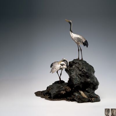 長谷川一清造　銀製鶴置物