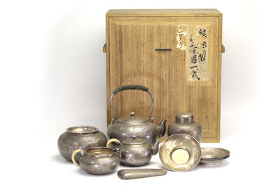 勝美作 片切雕花紋 純銀茶器一式7件（共箱）