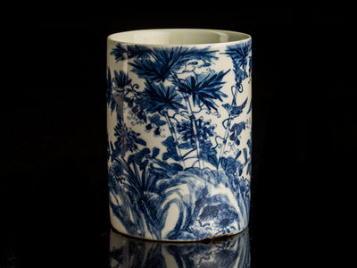 112-「愽遠堂製」-染付花鳥紋筆筒