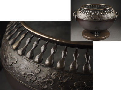 【夢工房】時代紫銅瓢葉紋瓢箪透三足火鉢箱入　丁-3