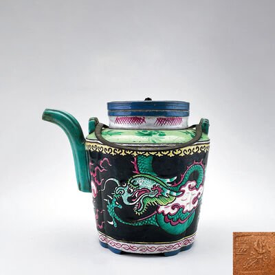 建物花押印 紫泥加彩龍紋壺