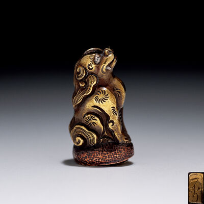 獅子彫金屬緒締　一寿銘