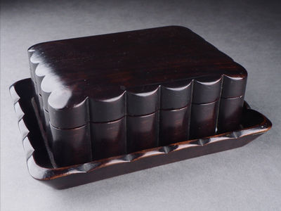 【夢工房】　時代唐木製台付莨箱　計564ｇ　　辰-46