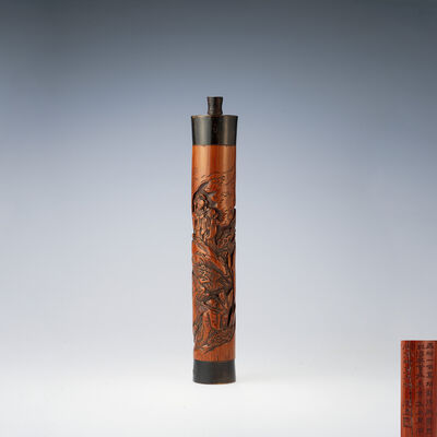 在銘 竹根彫香筒