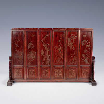 紅木 金象嵌花鳥屏立