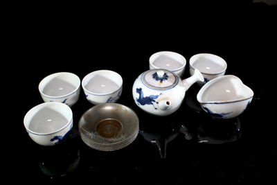 奔馬青花茶具一套 花草錫茶托 五客