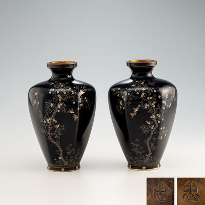 花鳥六角七宝対花瓶（箱付）