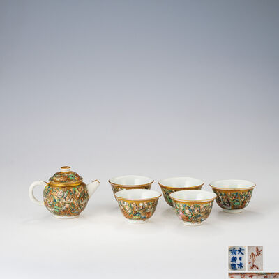 尾形周平造 色絵人物図急須、煎茶碗（共箱）