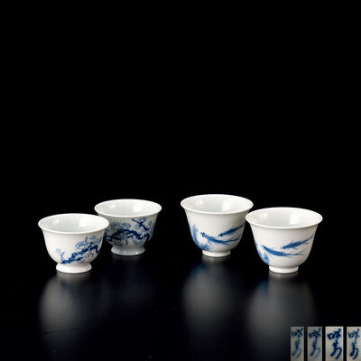 暁芳窯 青花梅花盃·双魚盃各一対（皆元箱）