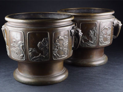 【夢工房】　時代宣徳銅山水風景紋獣耳火鉢一雙　計10.5ｋｇ　来-2