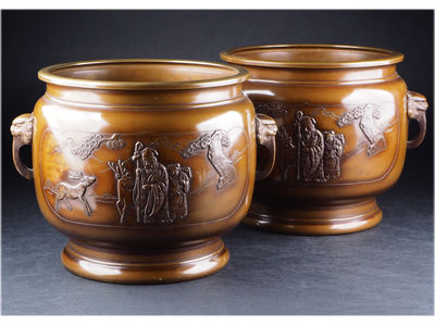 【夢工房】　時代宣徳銅寿老人図獅子耳火鉢一雙　計7.2ｋｇ　来-4