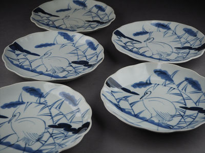 【夢工房】志田焼染付立鷺図輪花六寸皿五枚　天保期　　辰-69