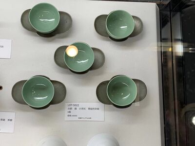 L5022　點銅 錫小茶托 青瓷煎茶碗 5組