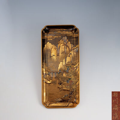 瀬川嘯流作 蓬莱山図金蒔絵象嵌香盆（木箱）