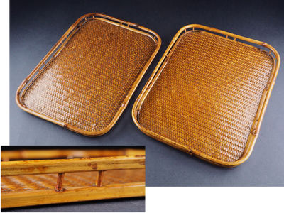 【夢工房】時代竹縁網代細工　大、小　入小煎茶盆　来-36