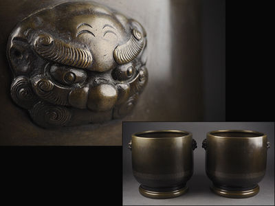 【夢工房】時代宣徳銅銀象嵌寶繋紋様獅子耳火鉢一雙　計9.2ｋｇ　　辰-2