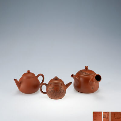 三代常山等名家作　朱泥茶銚3点（共箱共布有）