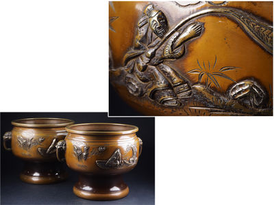 【夢工房】　時代宣徳銅山中仙人図唐獅子耳火鉢一雙箱入　重さ計11.4ｋｇ　来-9