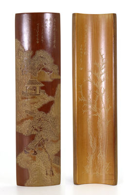 張子章刻 風景人物竹石圖 茶合