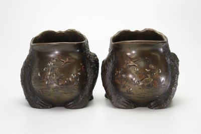 宮部造 花鳥象嵌 蛙形銅香爐 一對