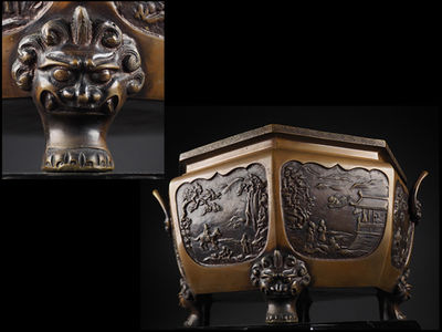 【夢工房】時代宣徳銅唐人山水図鳳耳獣四足大瓶掛　16ｋｇ　辰-72