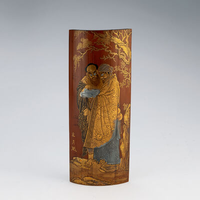 真月作　松下人物蒔絵竹茶合（箱付）