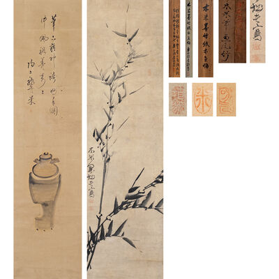 木米作 煎茶図掛軸·魚尾竹図掛軸（二重識箱）2点組